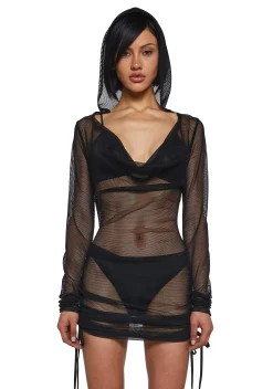 DARKER WAVS Dresses*Ambient Hooded Fishnet Dress