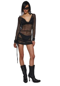 DARKER WAVS Dresses*Ambient Hooded Fishnet Dress