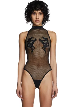 Club Exx Tops*Bad Luck Dragon Fishnet Bodysuit - Black
