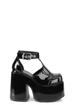 Demonia Platforms|Heels*CAMEL-103 Patent Pushin' Daisies Platform Heels