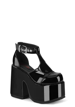 Demonia Platforms|Heels*CAMEL-103 Patent Pushin' Daisies Platform Heels