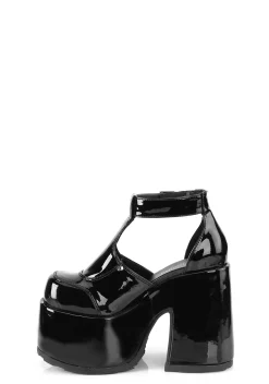 Demonia Platforms|Heels*CAMEL-103 Patent Pushin' Daisies Platform Heels