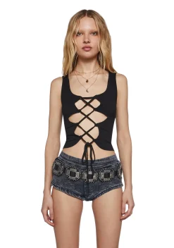 Club Exx Tops|Plus*Celestial Bass Lace Up Crop Top - Black