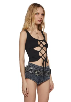 Club Exx Tops|Plus*Celestial Bass Lace Up Crop Top - Black
