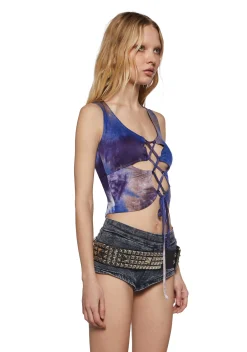 Club Exx Tops|Plus*Celestial Bass Lace Up Crop Top - Tie Dye