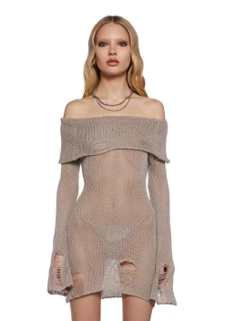 DARKER WAVS Dresses*Chamber Distressed Sweater Dress - Ecru