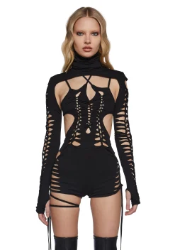DARKER WAVS Jumpsuits & Rompers*Chord Shredded Romper With Shrug - Black