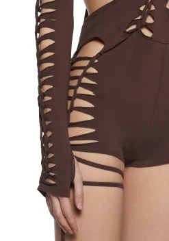 DARKER WAVS Jumpsuits & Rompers*Chord Shredded Romper With Shrug - Brown