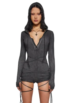 DARKER WAVS Jumpsuits & Rompers*Crossfade Hooded Long Sleeve Romper - Black