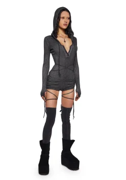 DARKER WAVS Jumpsuits & Rompers*Crossfade Hooded Long Sleeve Romper - Black