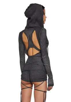 DARKER WAVS Jumpsuits & Rompers*Crossfade Hooded Long Sleeve Romper - Black