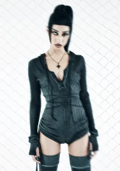 DARKER WAVS Jumpsuits & Rompers*Crossfade Hooded Long Sleeve Romper - Black