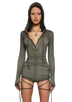 DARKER WAVS Jumpsuits & Rompers*Crossfade Hooded Long Sleeve Romper - Green