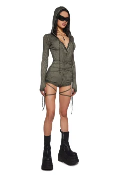 DARKER WAVS Jumpsuits & Rompers*Crossfade Hooded Long Sleeve Romper - Green