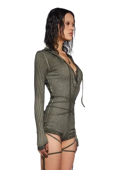 DARKER WAVS Jumpsuits & Rompers*Crossfade Hooded Long Sleeve Romper - Green