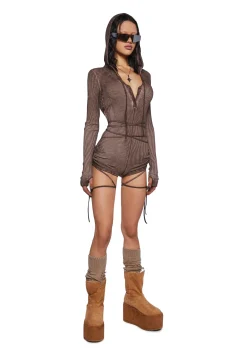 DARKER WAVS Jumpsuits & Rompers*Crossfade Hooded Long Sleeve Romper - Brown