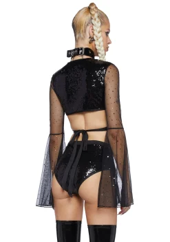 Club Exx Tops*Dazed Dreamer Sequin Wrap Top - Black