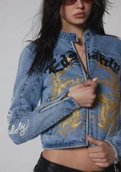 Ed Hardy Outerwear*Dragon Panther Denim Moto Jacket