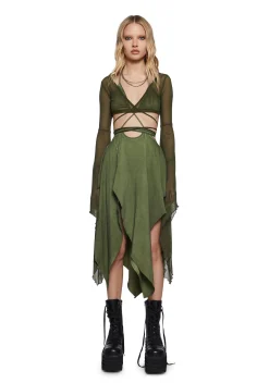 DARKER WAVS Dresses*Echo Asymmetrical Mesh Wrap Dress - Green