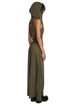 DARKER WAVS Dresses*Echo Hooded Slit Maxi Dress - Green