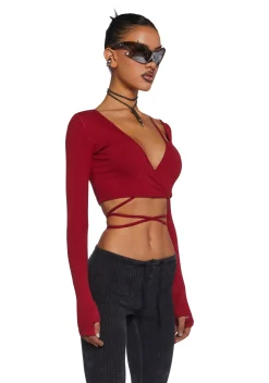 DARKER WAVS Tops*Fader Ribbed Wrap Top - Red