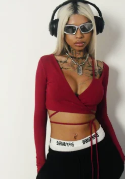 DARKER WAVS Tops*Fader Ribbed Wrap Top - Red