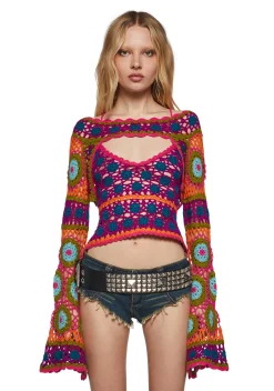 Club Exx Tops|Plus*Fiery Odyssey Crochet Shrug