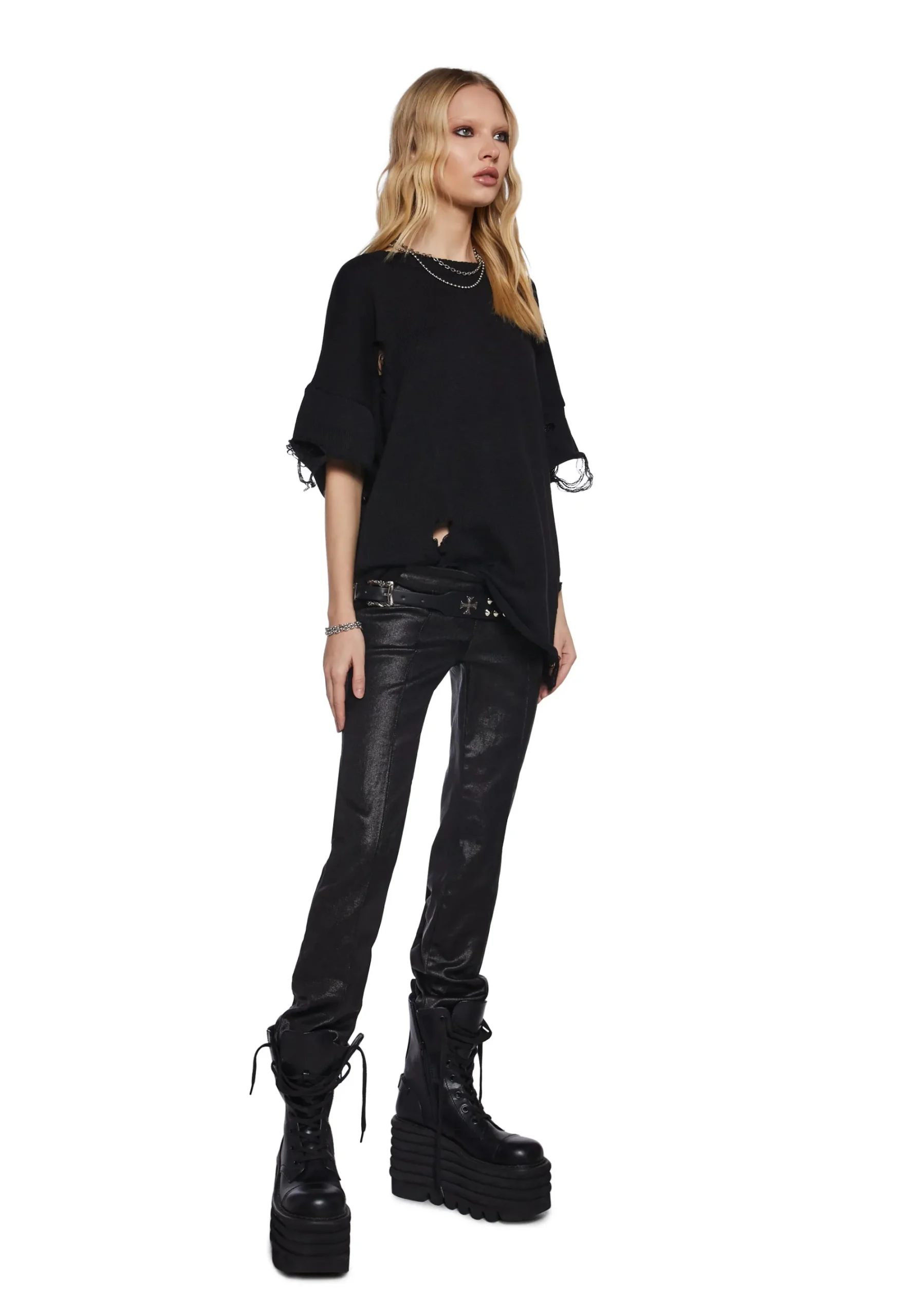 DARKER WAVS Tops*Filter Unisex Oversized Distressed Sweater - Black