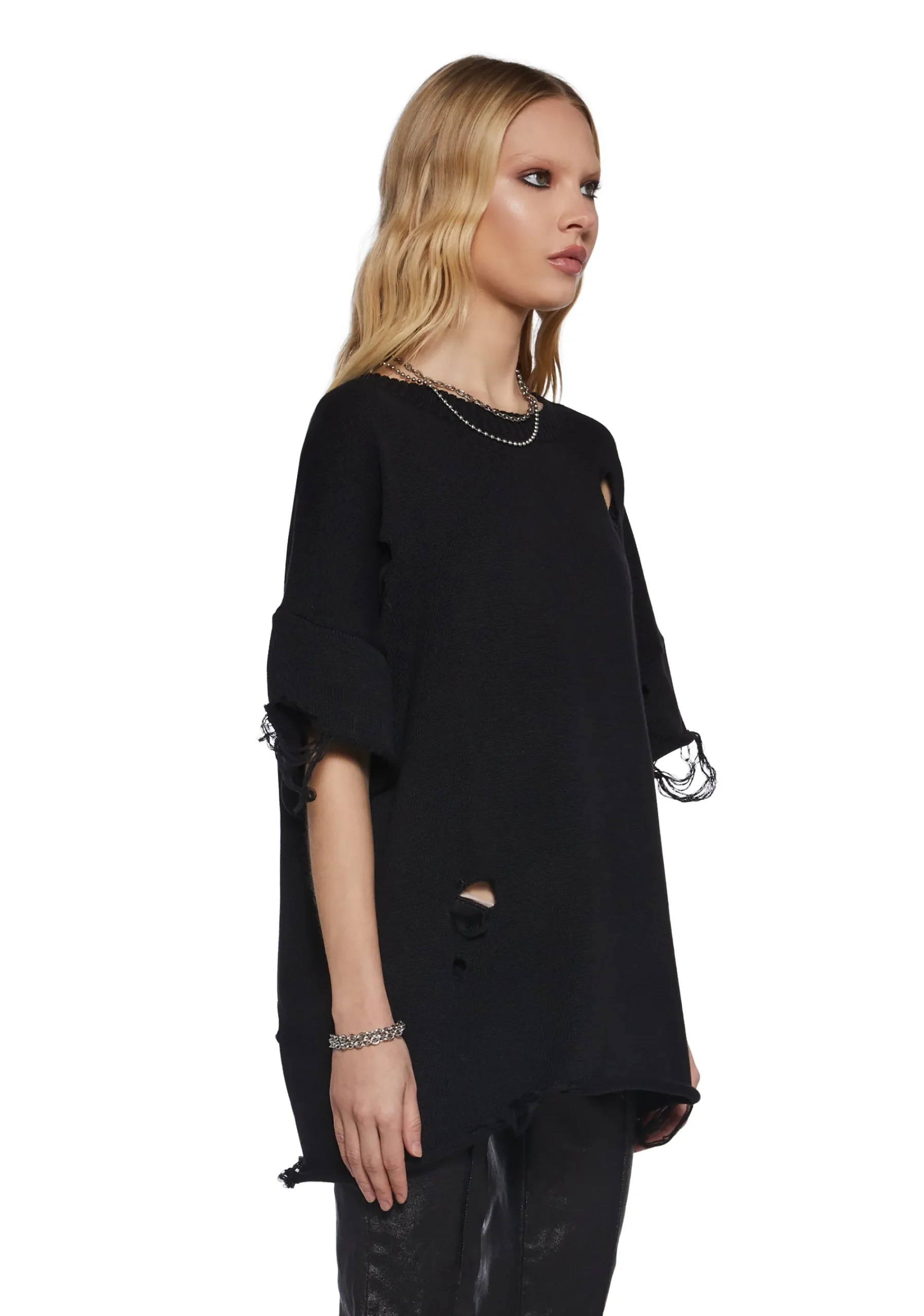 DARKER WAVS Tops*Filter Unisex Oversized Distressed Sweater - Black