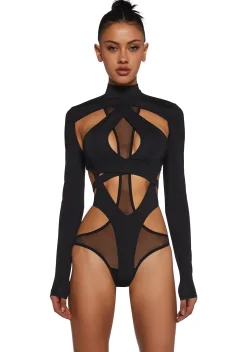 DARKER WAVS Tops*Flanger Strappy Spandex And Mesh Bodysuit - Black