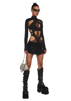 DARKER WAVS Tops*Flanger Strappy Spandex And Mesh Bodysuit - Black