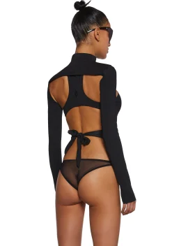 DARKER WAVS Tops*Flanger Strappy Spandex And Mesh Bodysuit - Black