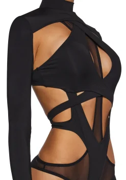 DARKER WAVS Tops*Flanger Strappy Spandex And Mesh Bodysuit - Black