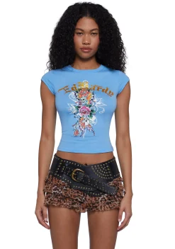 Ed Hardy Tops*Flower Skull Cap Sleeve Tee