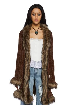 Current Mood Outerwear*Furry Foe Long Cardigan-Brown