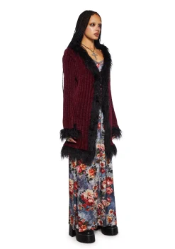 Current Mood Tops*Furry Foe Long Cardigan-Burgundy