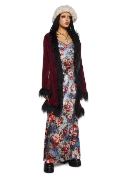 Current Mood Tops*Furry Foe Long Cardigan-Burgundy