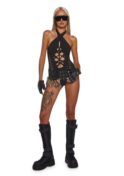 Club Exx Tops*Music Flash Shredded Bodysuit