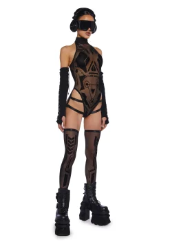 Club Exx Tops*Pixelated Images Bodysuit And Socks Set