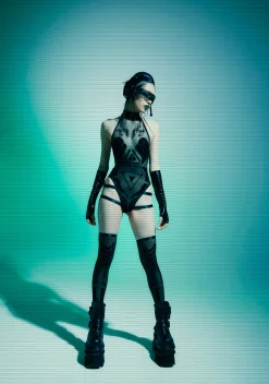 Club Exx Tops*Pixelated Images Bodysuit And Socks Set