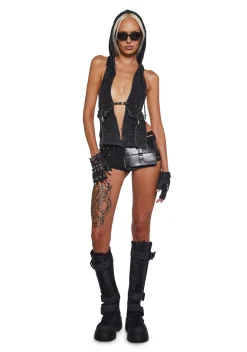 DARKER WAVS Tops*Signal Halter Top With Hood