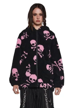 Current Mood Outerwear*Skull On My Sleeve Hooded Sherpa Jacket - Pink