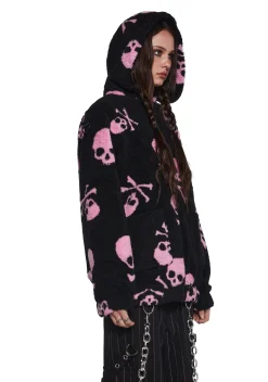 Current Mood Outerwear*Skull On My Sleeve Hooded Sherpa Jacket - Pink