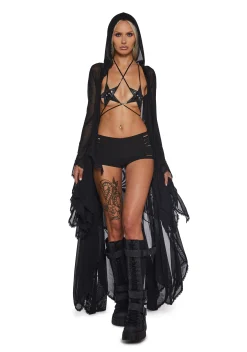 Club Exx Outerwear|Plus*Sparkled Myths Hooded Duster - Black