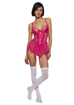 Sugar Thrillz Lingerie*Spoiled But Not Rotten Lace Teddy - Hot Pink
