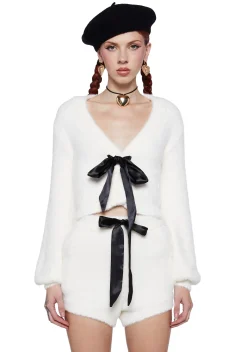 Sugar Thrillz Tops*Swan Lake Affair Fuzzy Cardigan-White