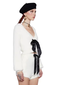 Sugar Thrillz Tops*Swan Lake Affair Fuzzy Cardigan-White