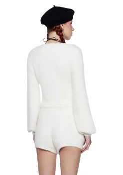 Sugar Thrillz Tops*Swan Lake Affair Fuzzy Cardigan-White
