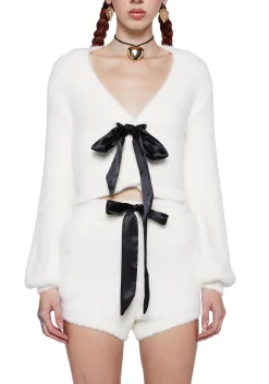 Sugar Thrillz Tops*Swan Lake Affair Fuzzy Cardigan-White