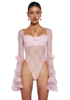 Sugar Thrillz Tops*True Love Nonsense Lace Bodysuit - Pink